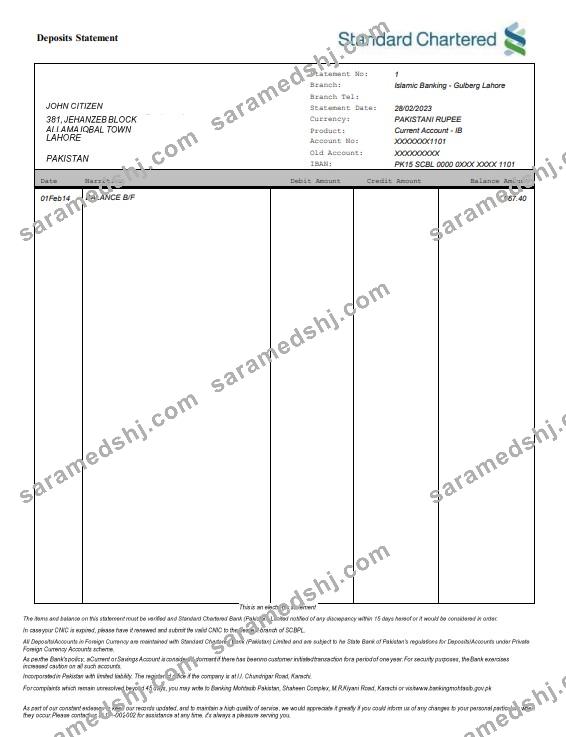 Pakistan Standard Chartered bank statement Word and PDF template